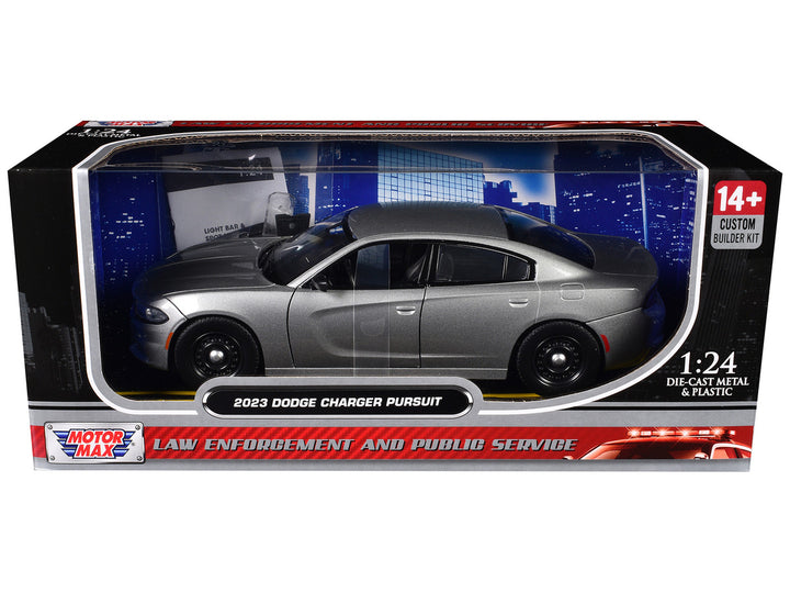 2023 Dodge Charger Pursuit Police Car Silver Metallic "Custom Builder's Kit - Law Enforcement and Public Service" Series 1/24 Diecast Model Car by Motormax-0