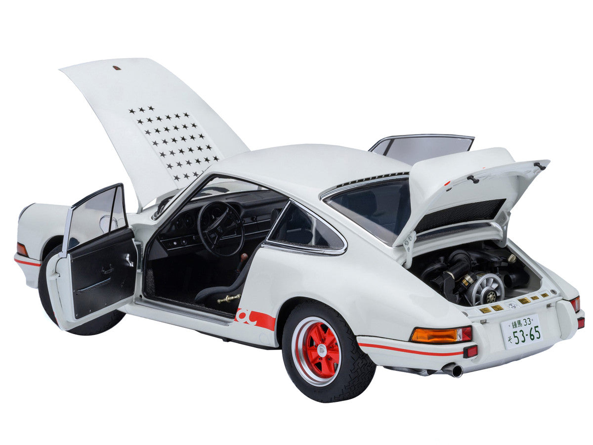 Porsche 911 Carrera 2.7 RS "The Circuit Wolf" White with Red Stripes and Wheels with Hood Graphics 1/18 Model Car by Autoart 5