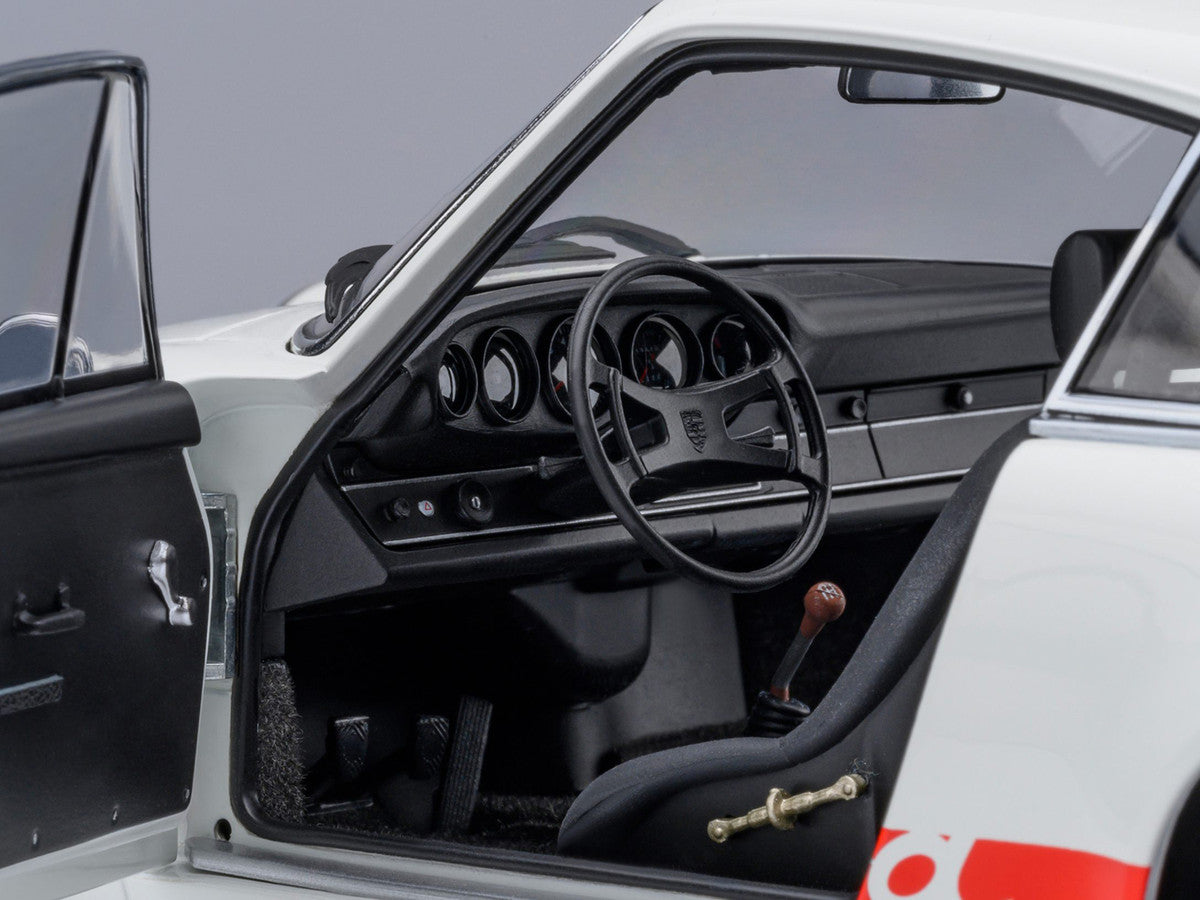 Porsche 911 Carrera 2.7 RS "The Circuit Wolf" White with Red Stripes and Wheels with Hood Graphics 1/18 Model Car by Autoart 2