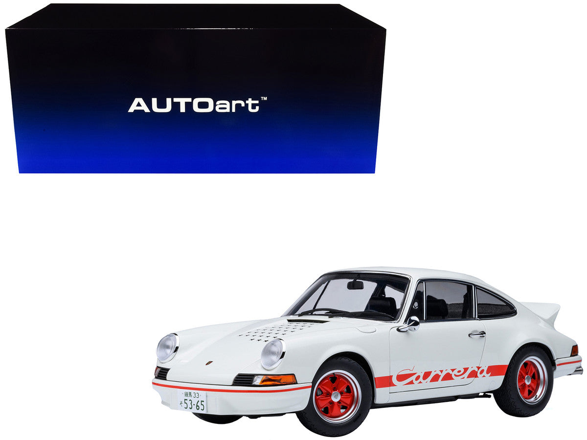 Porsche 911 Carrera 2.7 RS "The Circuit Wolf" White with Red Stripes and Wheels with Hood Graphics 1/18 Model Car by Autoart 4
