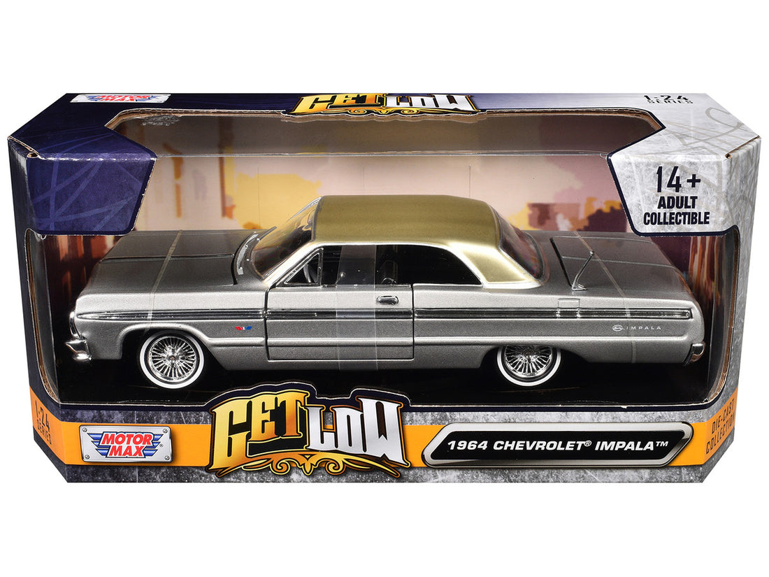 Chevrolet 1964 Impala Lowrider Hard Top Silver Metallic with Gold Metallic Top "Get Low" Series 1/24 Diecast Model Car by Motormax 3