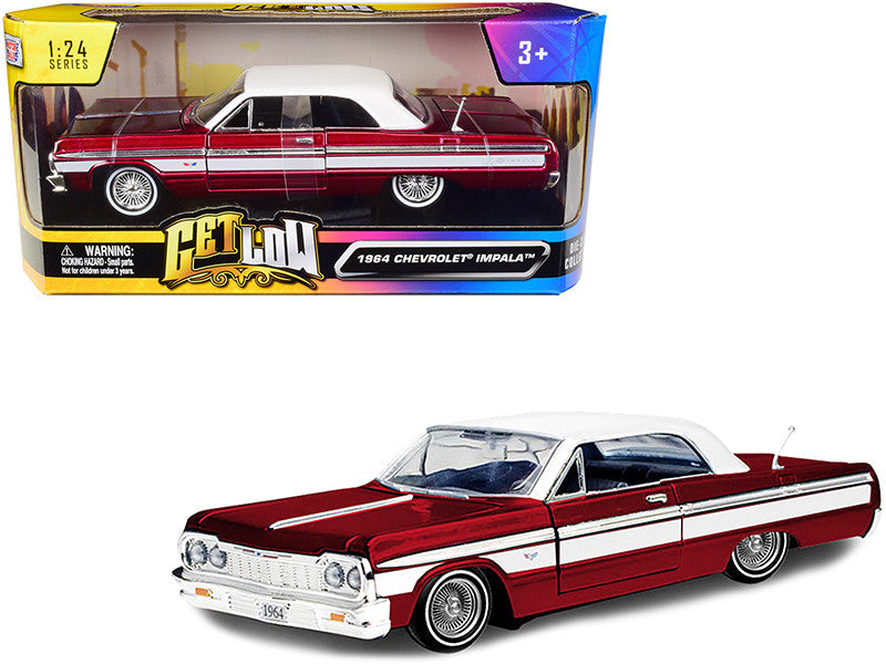 1964 Chevrolet Impala Lowrider Hard Top Candy Red Metallic with White Top "Get Low" Series 1/24 Diecast Model Car by Motormax-0