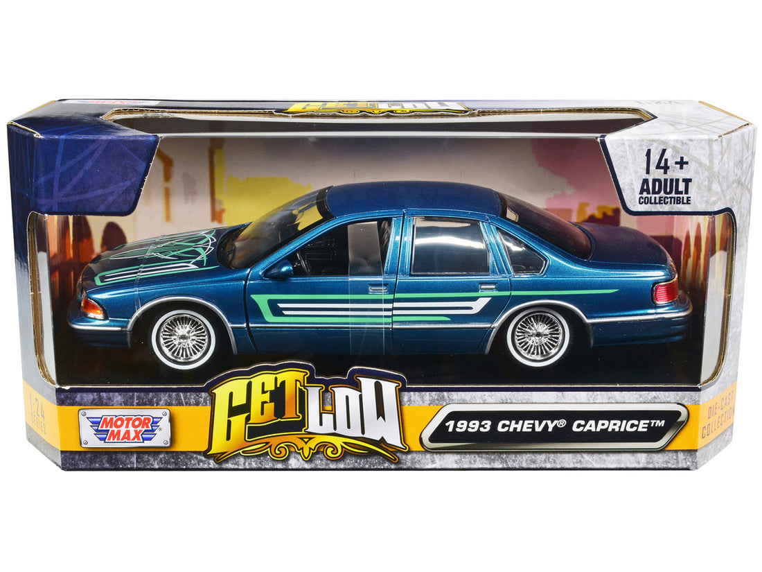 1993 Chevrolet Caprice Lowrider Blue Metallic with Graphics "Get Low" Series 1/24 Diecast Model Car by Motormax-0