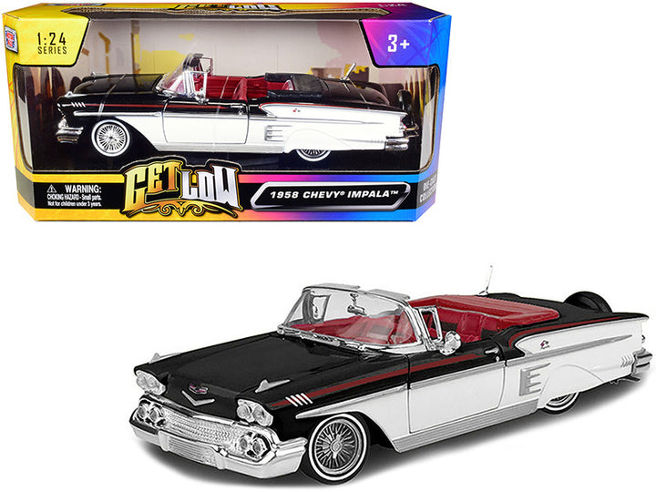 1958 Chevrolet Impala Convertible Lowrider Black and White with Red Interior "Get Low" Series 1/24 Diecast Model Car by Motormax-0