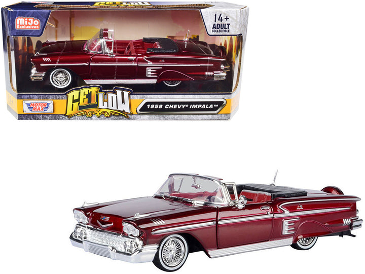 1958 Chevrolet Impala Convertible Lowrider Dark Red Metallic with Red Interior "Get Low" Series 1/24 Diecast Model Car by Motormax-0