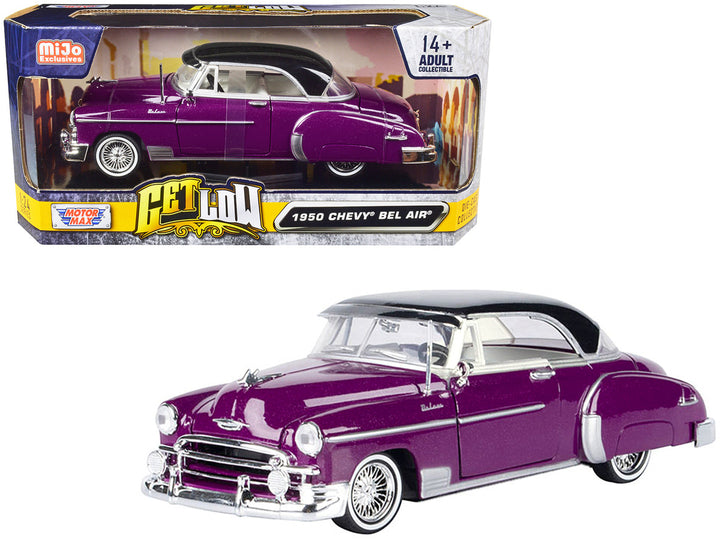 1950 Chevrolet Bel Air Lowrider Purple Metallic with Black Top and White Interior "Get Low" Series 1/24 Diecast Model Car by Motormax-0