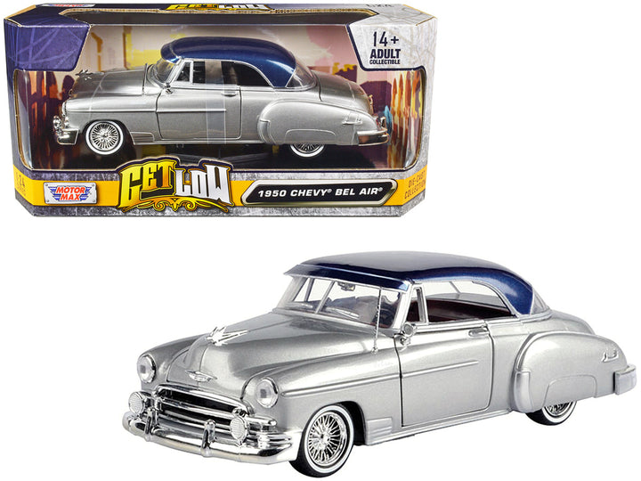 1950 Chevrolet Bel Air Lowrider Silver Metallic with Blue Metallic Top "Get Low" Series 1/24 Diecast Model Car by Motormax-0