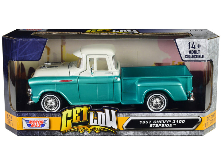 1957 Chevrolet 3100 Stepside Pickup Truck Lowrider Turquoise Metallic and White with White Interior "Get Low" Series 1/24 Diecast Model Car by Motormax-0