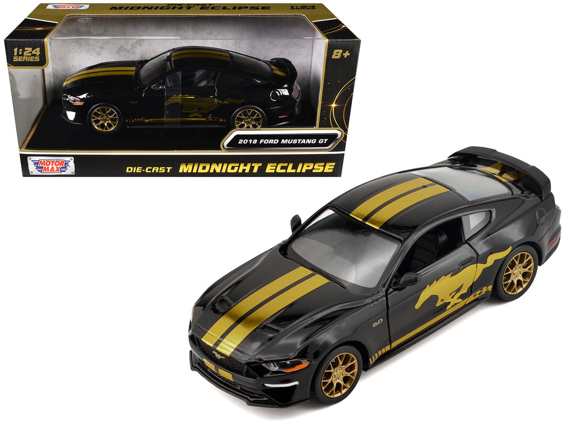 Ford Mustang GT 2018 5.0 Black with Gold Stripes and Graphics "Midnight Eclipse" Series 1/24 Diecast Model Car by Motormax