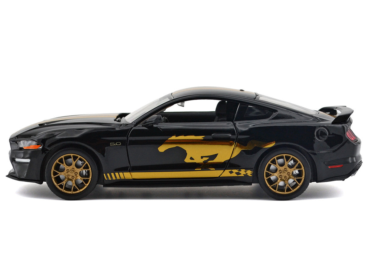 Ford Mustang GT 2018 5.0 Black with Gold Stripes and Graphics "Midnight Eclipse" Series 1/24 Diecast Model Car by Motormax 2