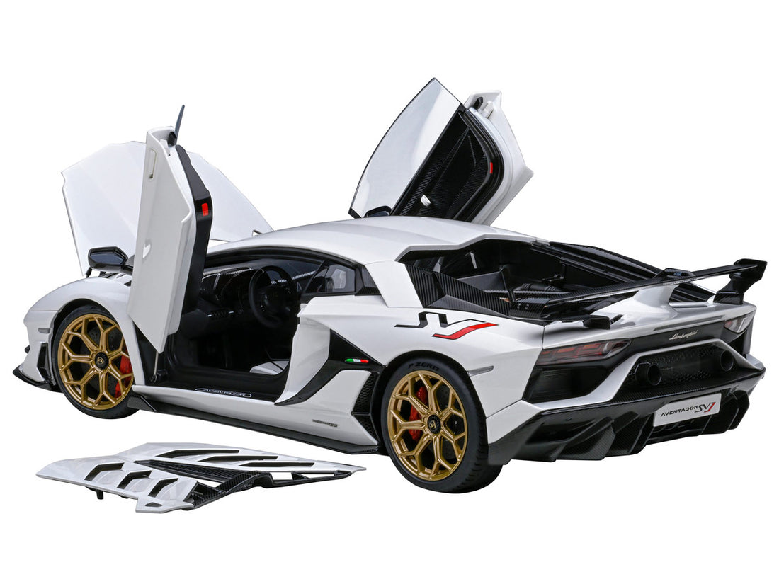 Lamborghini Aventador SVJ Bianco Asopo Pearl White with Gold Wheels 1/18 Model Car by Autoart-1