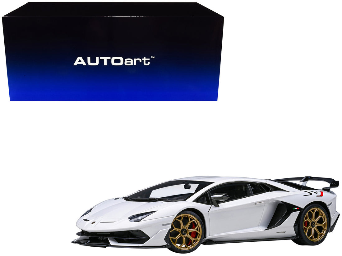 Lamborghini Aventador SVJ Bianco Asopo Pearl White with Gold Wheels 1/18 Model Car by Autoart-0