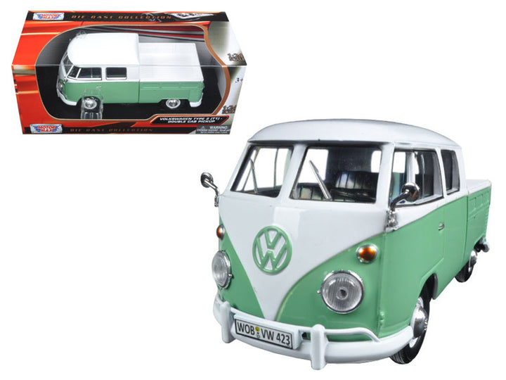 Volkswagen Type 2 (T1) Double Cab Pickup Truck White and Green 1/24 Diecast Model Car by Motormax-0