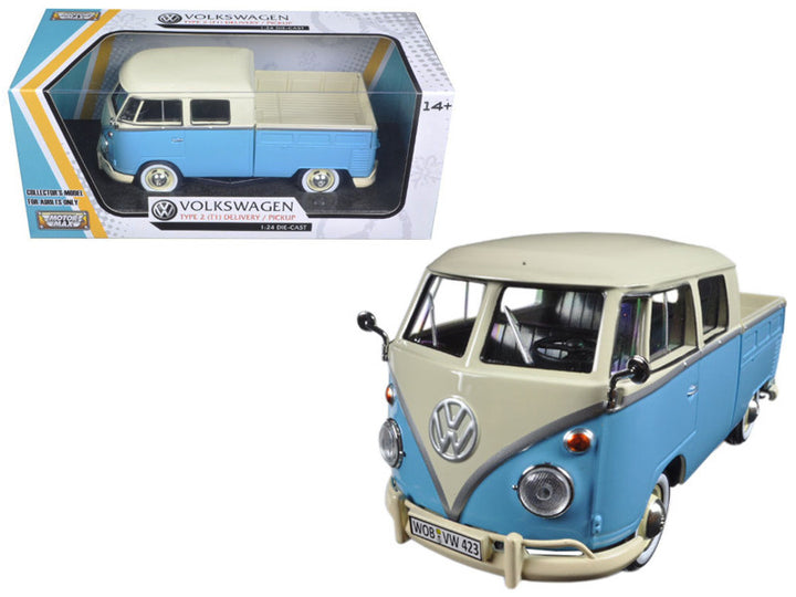 Volkswagen Type 2 (T1) Double Cab Pickup Truck Light Blue and Cream 1/24 Diecast Model Car by Motormax-0
