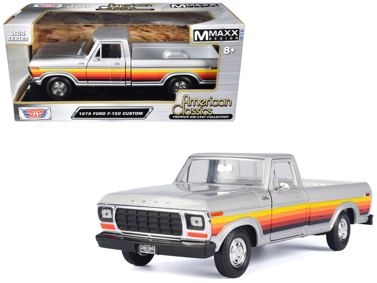 1979 Ford F-150 Custom Pickup Truck Silver Metallic with Side Stripes "American Classics" Series 1/24 Diecast Model Car by Motormax-0