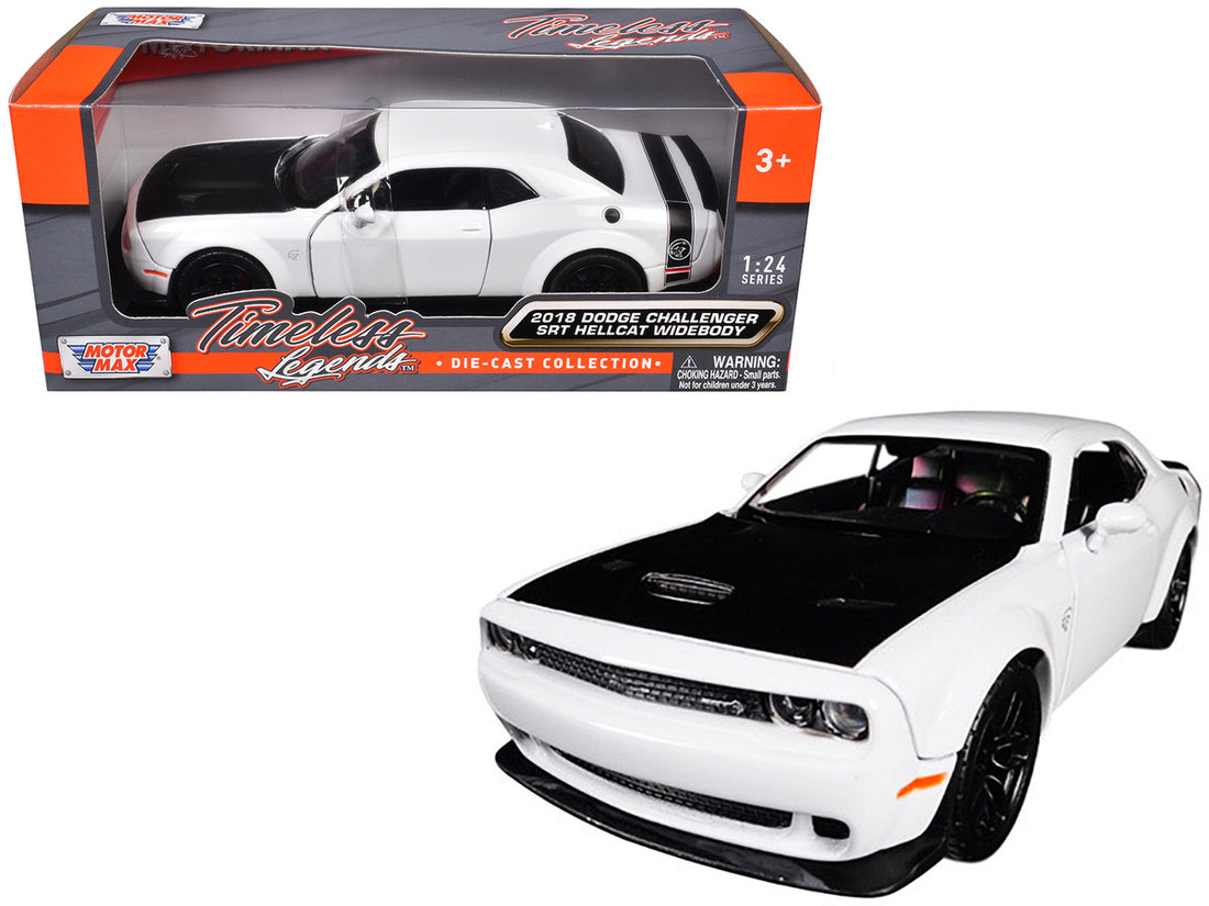 2018 Dodge Challenger SRT Hellcat Widebody White with Black Hood 1/24 Diecast Model Car by Motormax-2