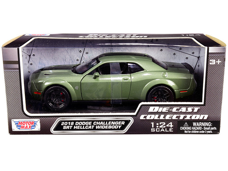 2018 Dodge Challenger SRT Hellcat Widebody Green Metallic with Black Stripes 1/24 Diecast Model Car by Motormax-0