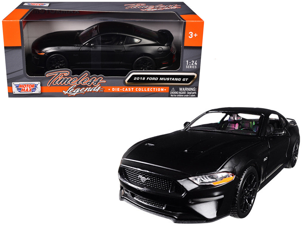 Ford 2018 Mustang GT 5.0 Matt Black with Black Wheels 1/24 Diecast Model Car by Motormax
