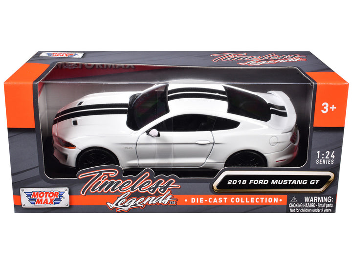 2018 Ford Mustang GT 5.0 White with Black Stripes "Timeless Legends" Series 1/24 Diecast Model Car by Motormax-0