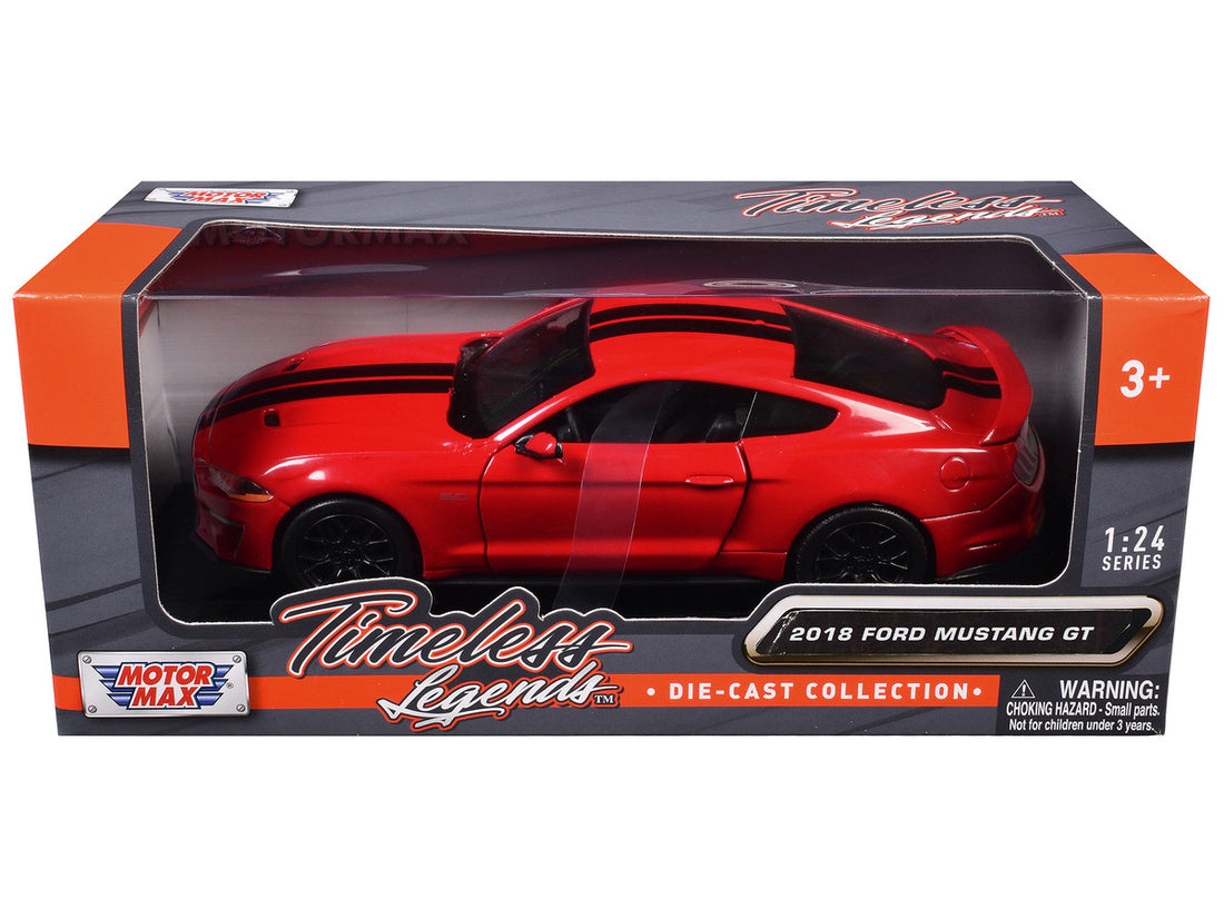 2018 Ford Mustang GT 5.0 Red with Black Stripes "Timeless Legends" Series 1/24 Diecast Model Car by Motormax-0