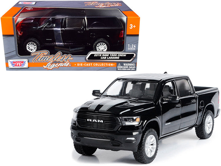 2019 RAM 1500 Laramie Crew Cab Pickup Truck Black with Silver Stripes 1/24 Diecast Model Car by Motormax-0