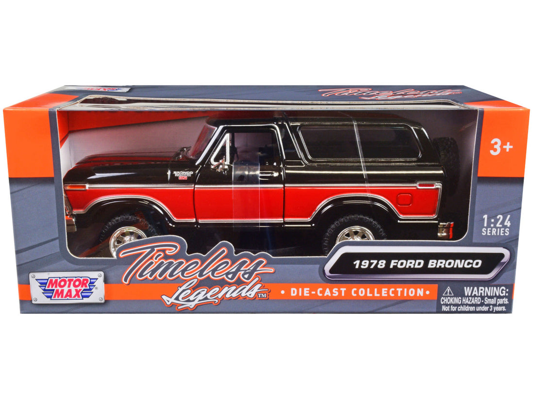 1978 Ford Bronco Ranger XLT with Spare Tire Black and Red "Timeless Legends" Series 1/24 Diecast Model Car by Motormax-0