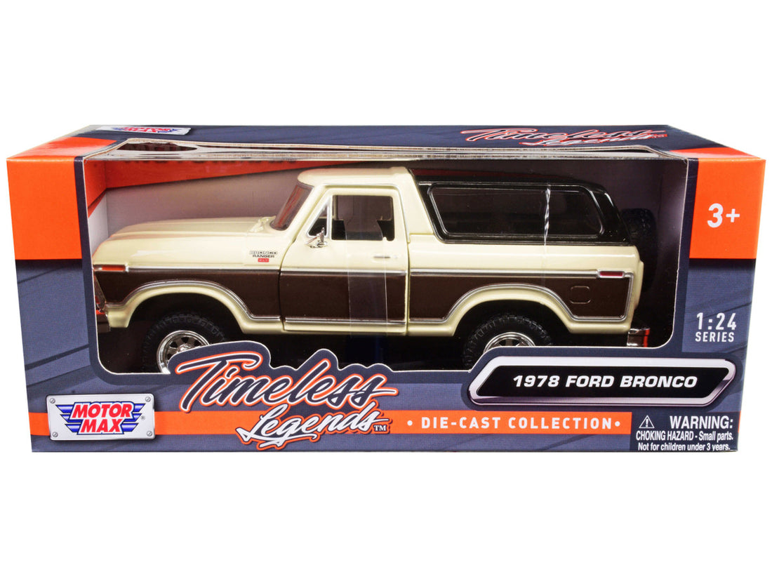 1978 Ford Bronco Ranger XLT with Spare Tire Cream and Brown with Black Camper Shell "Timeless Legends" Series 1/24 Diecast Model Car by Motormax-0