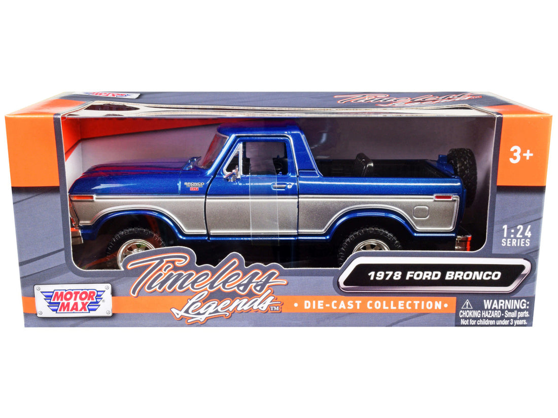 1978 Ford Bronco Ranger XLT (Open Top) with Spare Tire Blue Metallic and Silver "Timeless Legends" Series 1/24 Diecast Model Car by Motormax-0