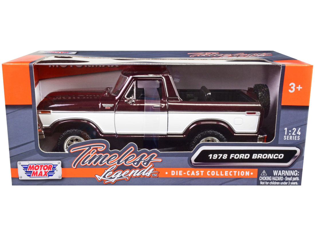 1978 Ford Bronco Ranger XLT (Open Top) with Spare Tire Burgundy Metallic and White "Timeless Legends" Series 1/24 Diecast Model Car by Motormax-0