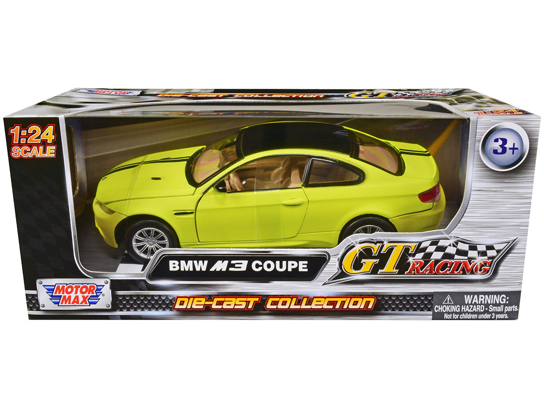 BMW M3 Coupe Neon Yellow with Matt Black Top and Stripes "GT Racing" Series 1/24 Diecast Model Car by Motormax-0