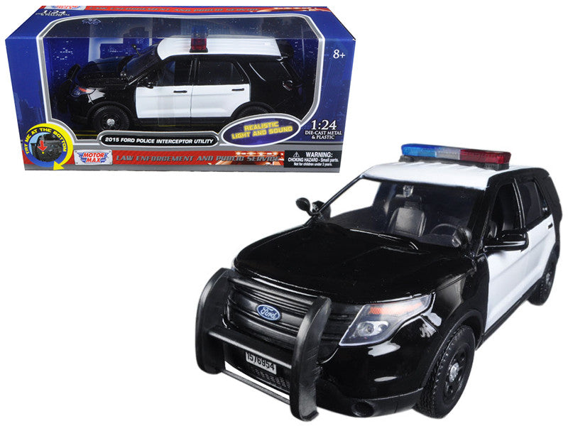 2015 Ford Police Interceptor Utility Black and White with Flashing Light Bar and Front and Rear Lights and 2 Sounds 1/24 Diecast Model Car by Motormax-0