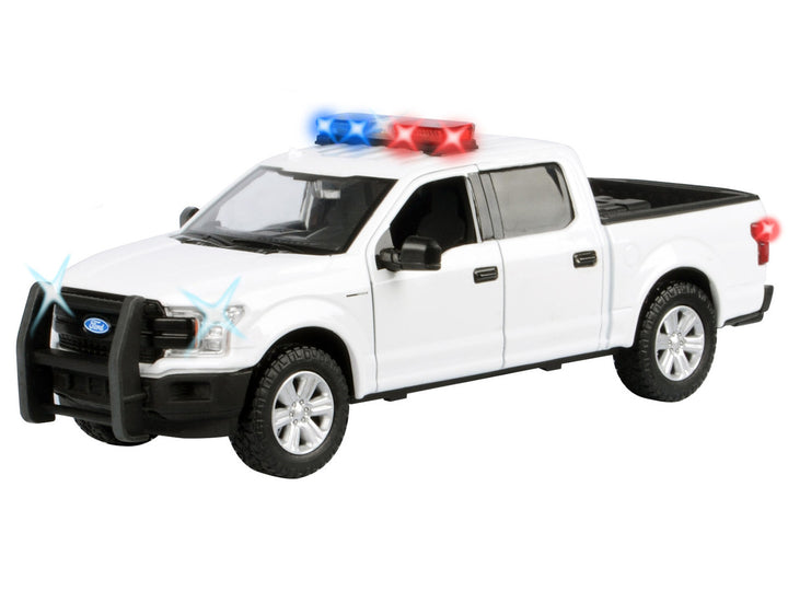 Ford 2019 F-150 Lariat Crew Cab Pickup Truck White with Flashing Light Bar and Front and Rear Lights and Sounds 1/27 Diecast Model Car by Motormax 2