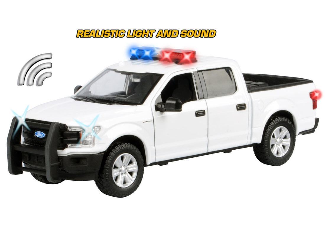 Ford 2019 F-150 Lariat Crew Cab Pickup Truck White with Flashing Light Bar and Front and Rear Lights and Sounds 1/27 Diecast Model Car by Motormax 3