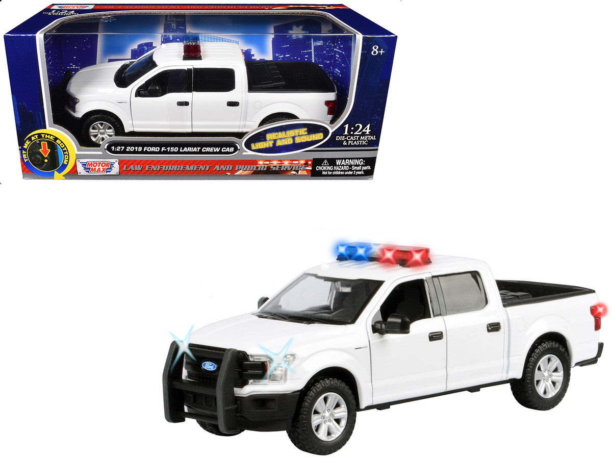 Ford 2019 F-150 Lariat Crew Cab Pickup Truck White with Flashing Light Bar and Front and Rear Lights and Sounds 1/27 Diecast Model Car by Motormax