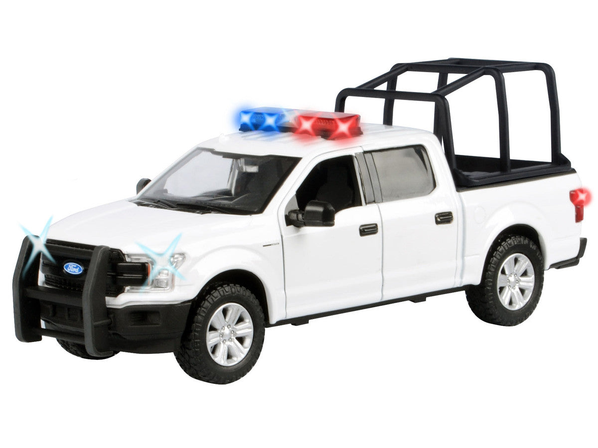 Ford 2019 F-150 Lariat Crew Cab Pickup Truck with Bed Cage White with Flashing Light Bar and Front and Rear Lights and Sounds 1/27 Diecast Model Car by Motormax 2