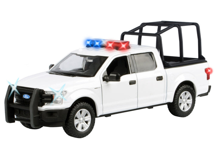 Ford 2019 F-150 Lariat Crew Cab Pickup Truck with Bed Cage White with Flashing Light Bar and Front and Rear Lights and Sounds 1/27 Diecast Model Car by Motormax 2