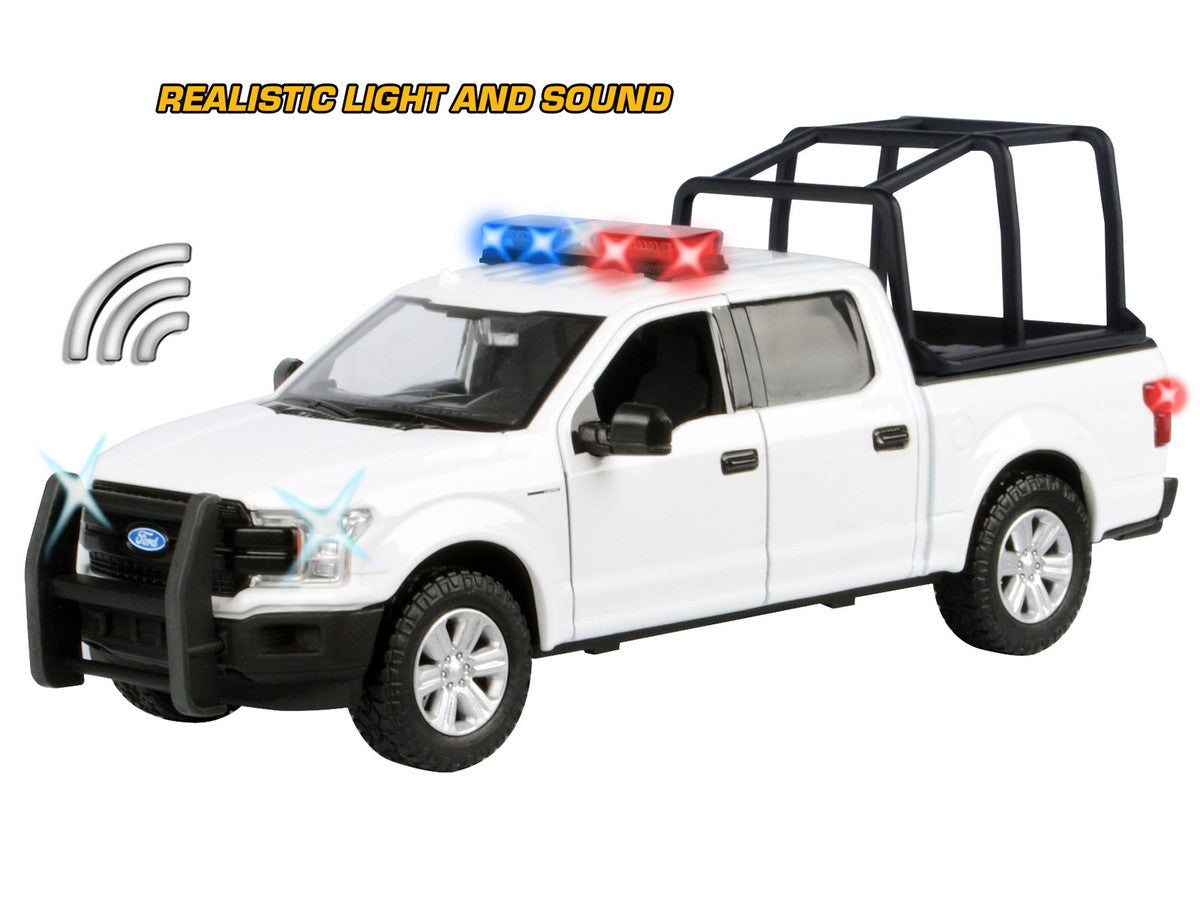 Ford 2019 F-150 Lariat Crew Cab Pickup Truck with Bed Cage White with Flashing Light Bar and Front and Rear Lights and Sounds 1/27 Diecast Model Car by Motormax 3