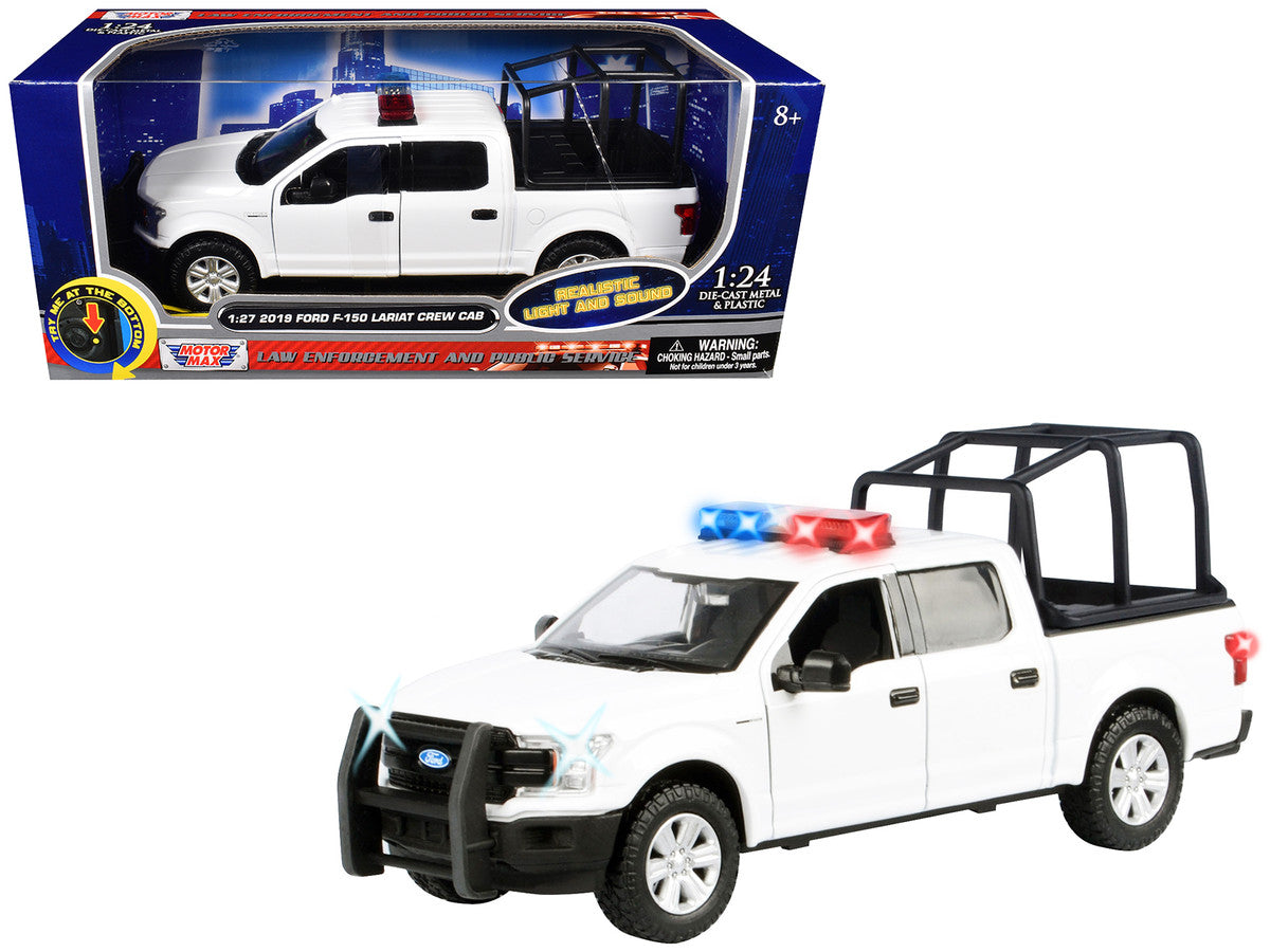 Ford 2019 F-150 Lariat Crew Cab Pickup Truck with Bed Cage White with Flashing Light Bar and Front and Rear Lights and Sounds 1/27 Diecast Model Car by Motormax
