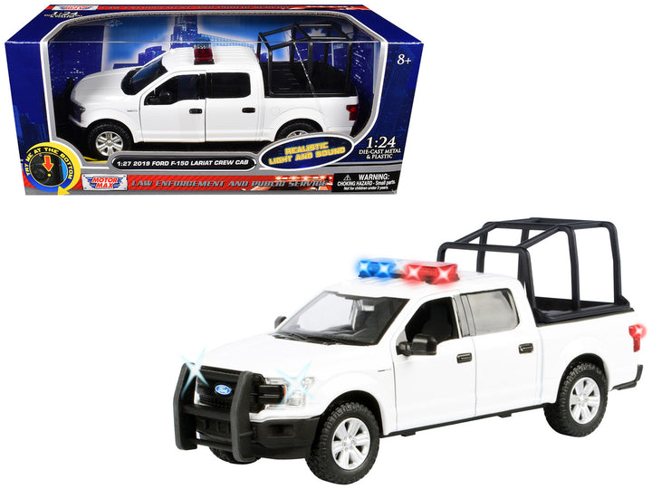 Ford 2019 F-150 Lariat Crew Cab Pickup Truck with Bed Cage White with Flashing Light Bar and Front and Rear Lights and Sounds 1/27 Diecast Model Car by Motormax