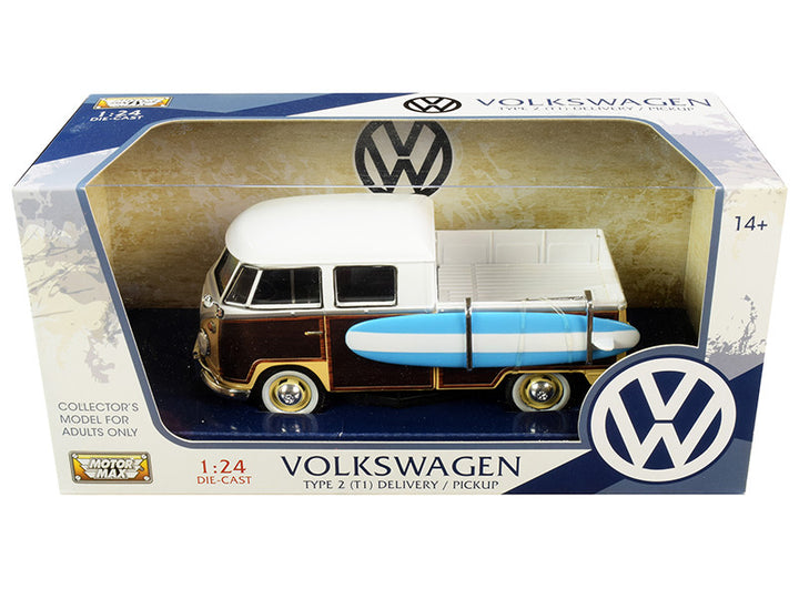 Volkswagen Type 2 (T1) Pickup White and Yellow with Wood Paneling with Surfboard 1/24 Diecast Model Car by Motormax-0