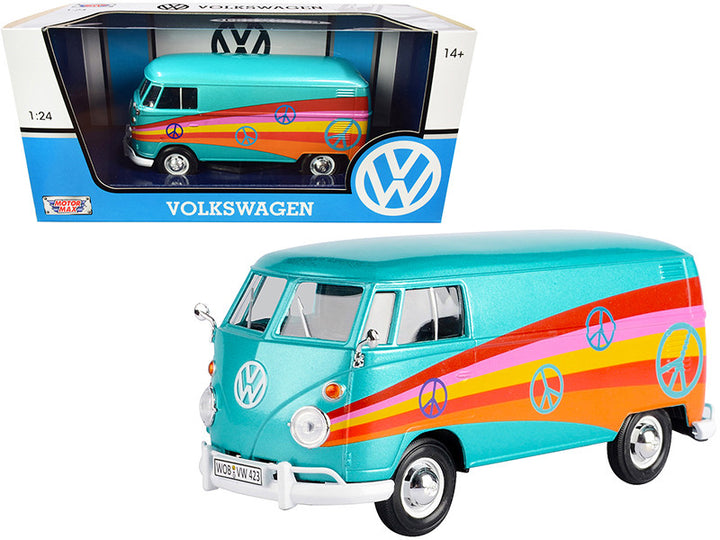 Volkswagen Type 2 (T1) Delivery Van "Peace" Turquoise Metallic 1/24 Diecast Model Car by Motormax-0