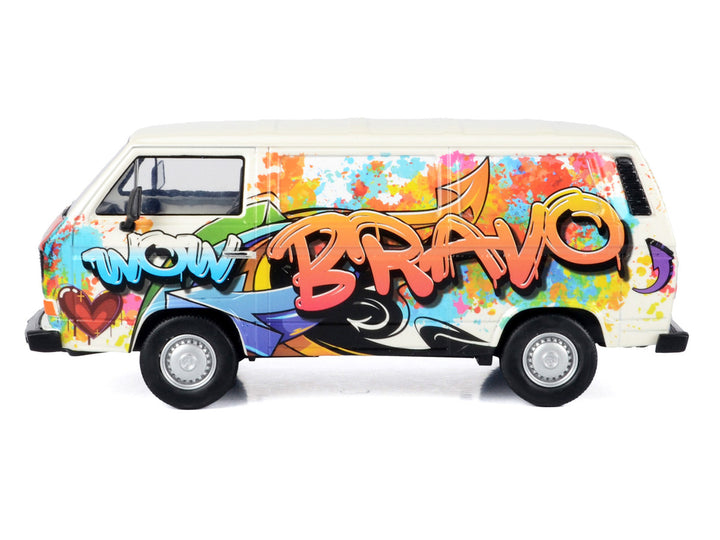 Volkswagen Type 2 (T3) Van White Metallic with Graffiti Graphics 1/24 Diecast Model Car by Motormax-1