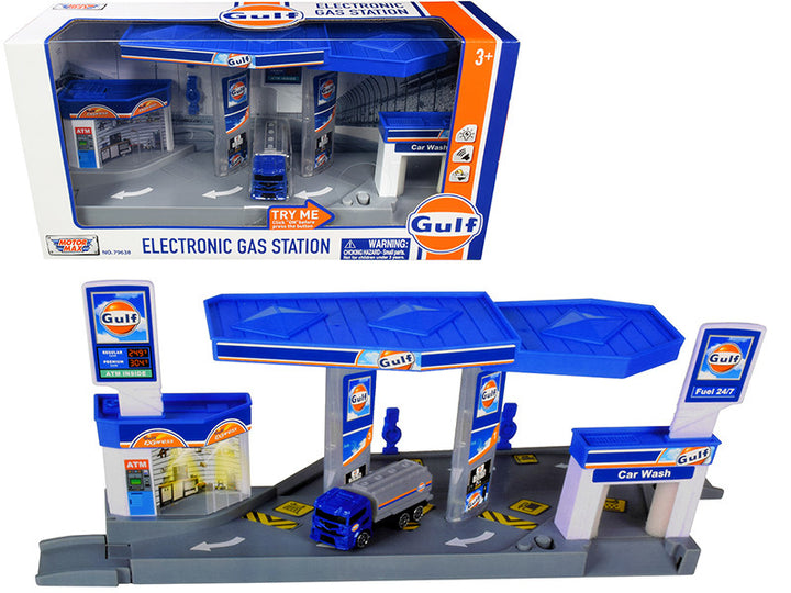 "Gulf" Electronic Gas Station Diorama with Light and Sound and Tanker Truck 1/64 Model by Motormax-0