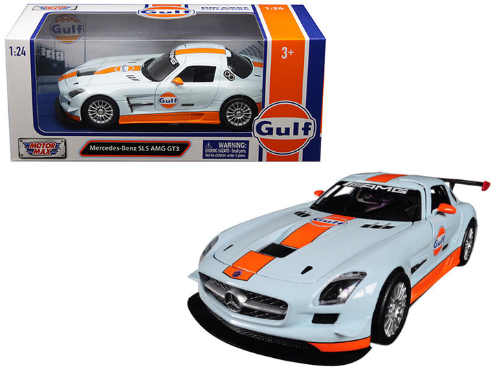 Mercedes Benz SLS AMG GT3 with "Gulf" Livery Light Blue with Orange Stripe 1/24 Diecast Model Car by Motormax-0