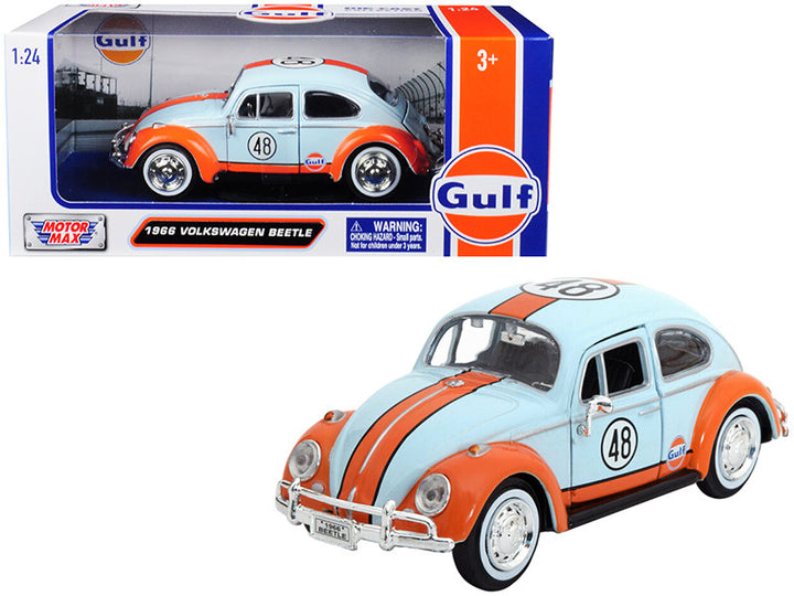 1966 Volkswagen Beetle #48 with "Gulf" Livery Light Blue with Orange Stripe 1/24 Diecast Model Car by Motormax-0