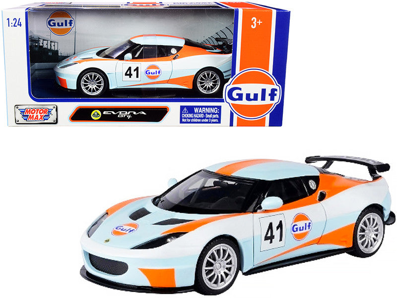 Lotus Evora GT4 #41 "Gulf Oil" Light Blue with White and Orange Stripes 1/24 Diecast Model Car by Motormax-0