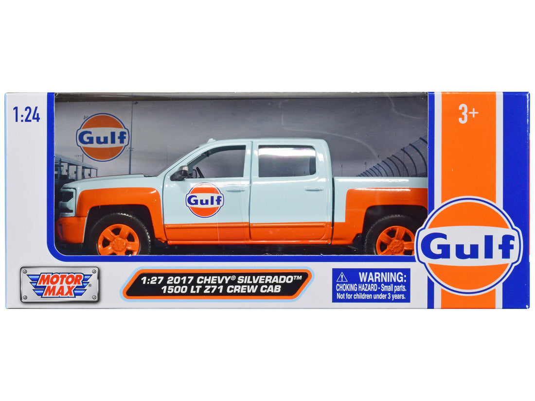 2017 Chevrolet Silverado 1500 LT Z71 Crew Cab Pickup Truck Light Blue with Orange Stripes "Gulf Oil" "Gulf Die-Cast Collection" 1/27 Diecast Model Car by Motormax-0