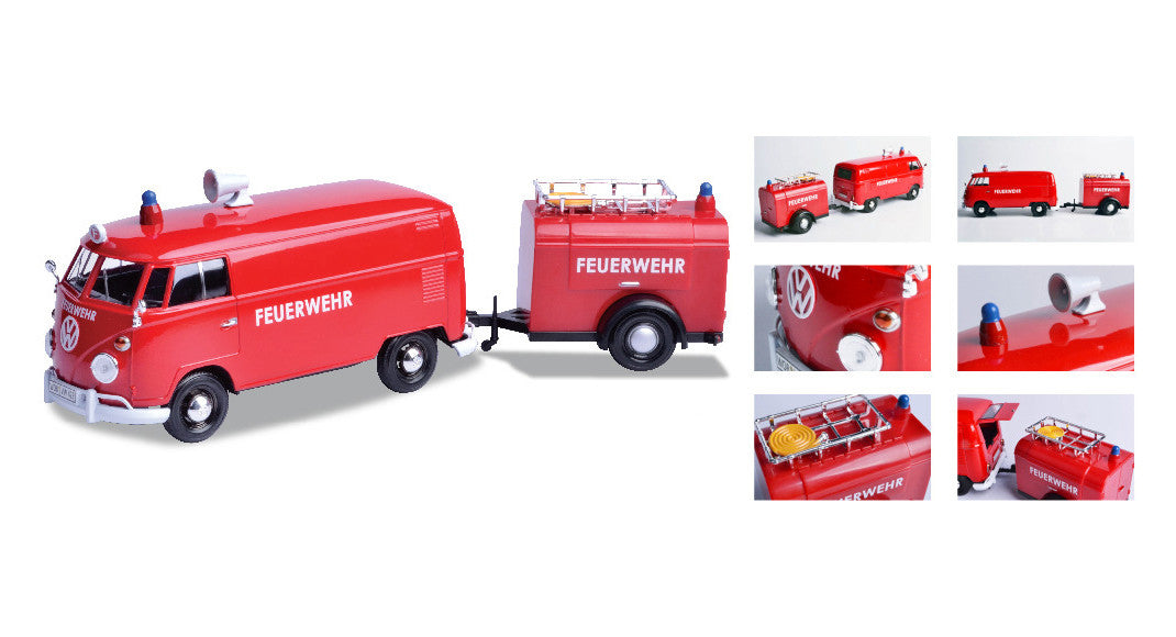 Furgón de bomberos Volkswagen Tipo 2 (T1) con remolque de bomberos "Feuerwehr" rojo, modelo a escala 1/24, de Motormax