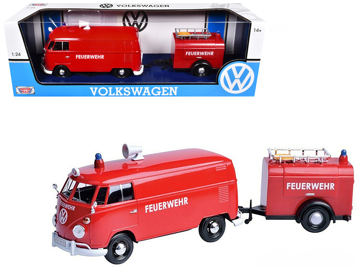 Furgón de bomberos Volkswagen Tipo 2 (T1) con remolque de bomberos "Feuerwehr" rojo, modelo a escala 1/24, de Motormax