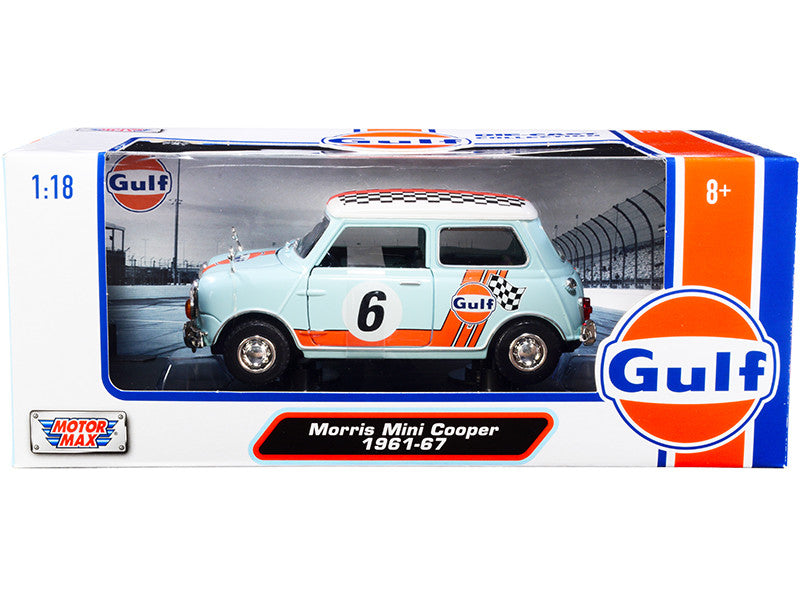 1961-1967 Morris Mini Cooper RHD (Right Hand Drive) #6 "Gulf Oil" Light Blue with Orange Stripes and Checkered Top "City Classics" Series 1/18 Diecast Model Car by Motormax-0